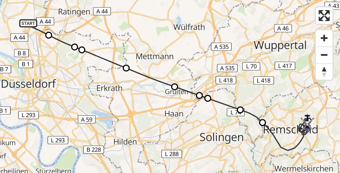 Flugroute Polizeihubschrauber Düsseldorf Flughafen - Remscheid, 01 September 2026, 08:49