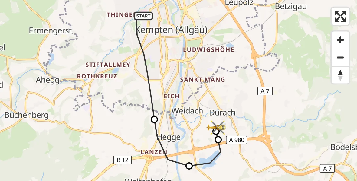 Flugroute Rettungshubschrauber Kempten (Allgäu) - Kempten-Durach Flugplatz, 01 September 2026, 08:49
