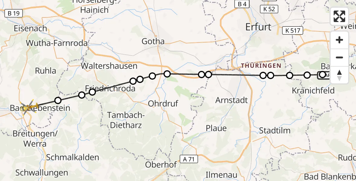 Flugroute Ambulanzhubschrauber Bad Berka - Bad Liebenstein, 01 September 2026, 08:50