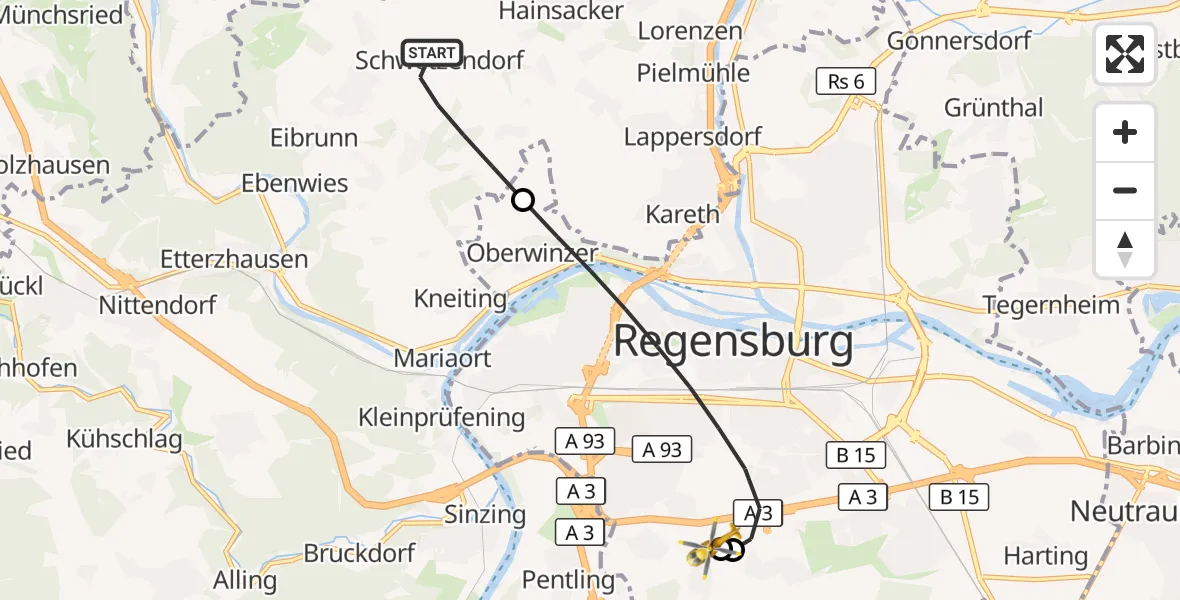 Flugroute Rettungshubschrauber Pettendorf - DRF Air Rescue Station Regensburg / Regensburg University Hospital, 01 September 2026, 08:56