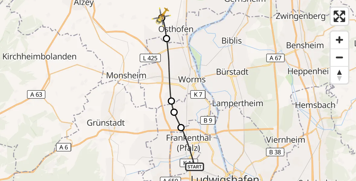 Flugroute Rettungshubschrauber Frankenthal (Pfalz) - Bechtheim, 01 September 2026, 09:01