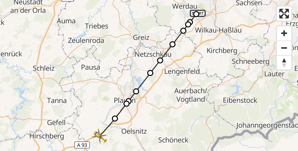 Flugroute Rettungshubschrauber ADAC Air Rescue Station Zwickau Hubschrauberlandeplatz - Weischlitz, 01 September 2026, 09:03