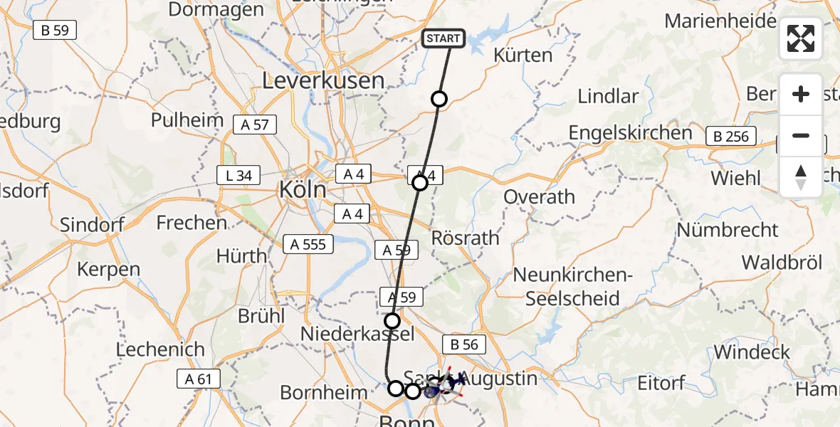Flugroute Polizeihubschrauber Odenthal - Sankt Augustin, 01 September 2026, 09:10