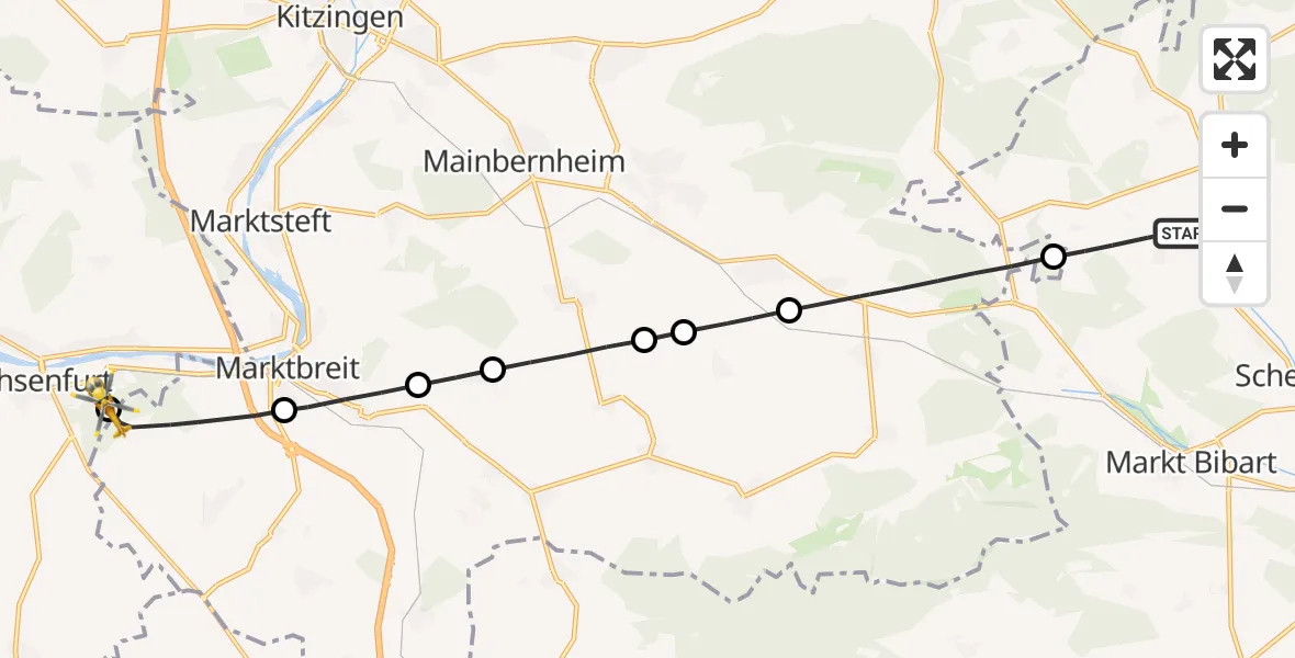 Flugroute Rettungshubschrauber Oberscheinfeld - Ochsenfurt Hospital, 01 September 2026, 09:16