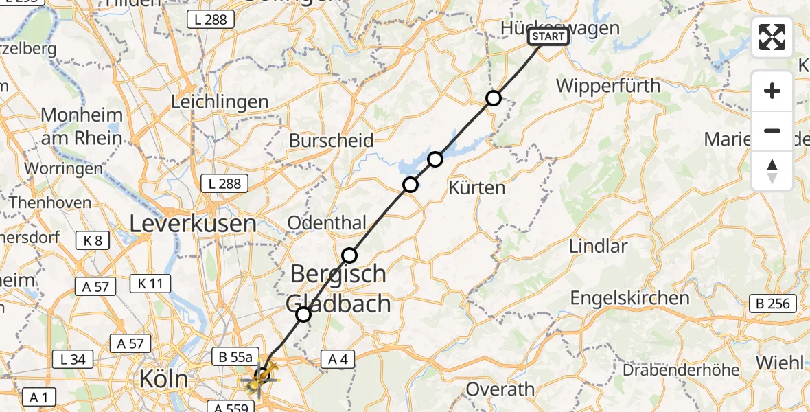Flugroute Rettungshubschrauber Hückeswagen - Merheim Hospital, 01 September 2026, 09:17