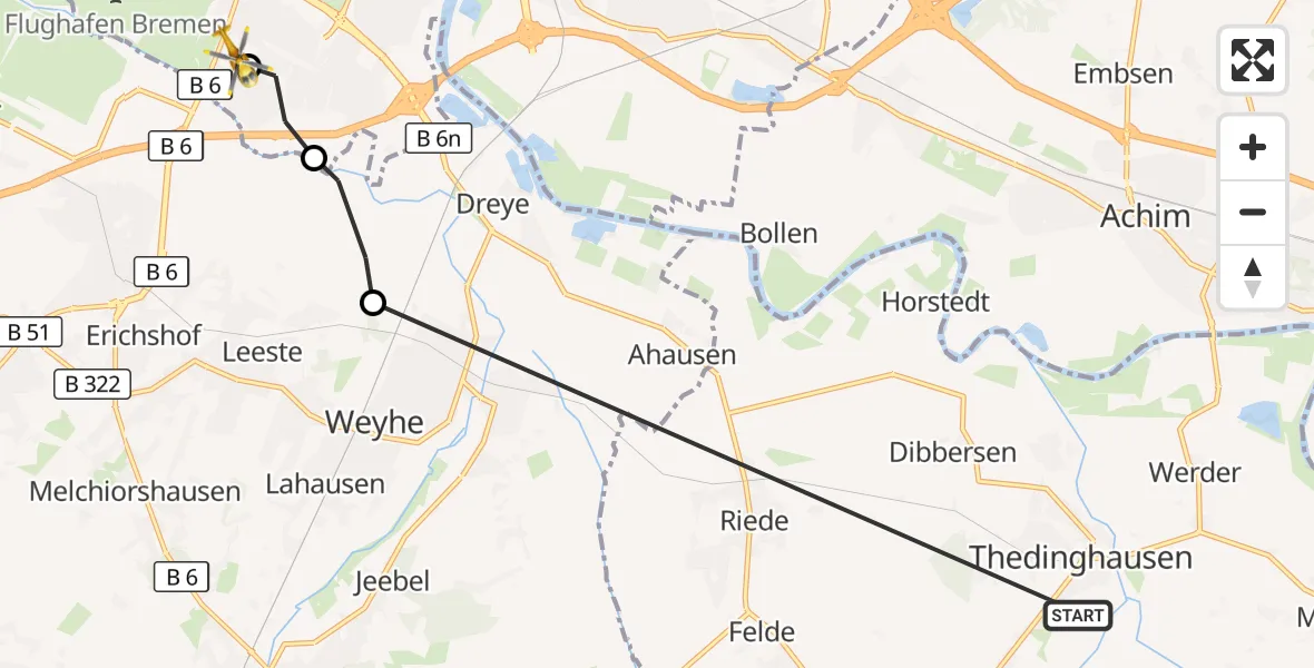 Flugroute Rettungshubschrauber Thedinghausen - ADAC Air Rescue Station Bremen Hubschrauberlandeplatz (Christoph 6), 01 September 2026, 09:18