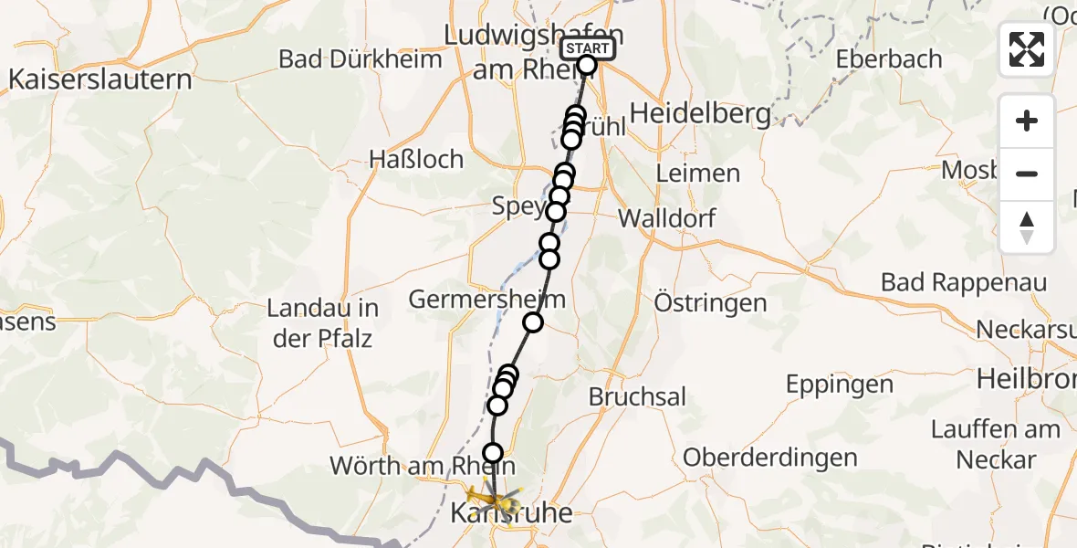 Flugroute Rettungshubschrauber Mannheim-City Flughafen - Karlsruhe, 01 September 2026, 09:21