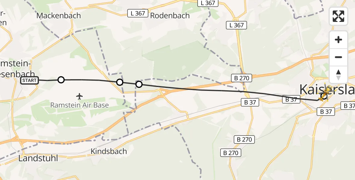 Flugroute Rettungshubschrauber Ramstein-Miesenbach - Westpfalz Hospital Kaiserslautern, 01 September 2026, 09:23