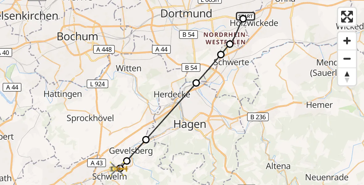 Flugroute Rettungshubschrauber Dortmund Flughafen - Helios Clinic Schwelm, 01 September 2026, 09:28