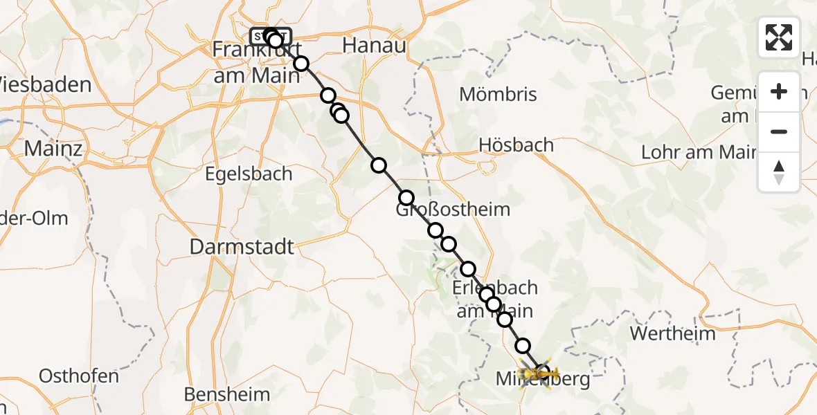 Flugroute Rettungshubschrauber Frankfurt am Main Accident Hospital Roof Helipad (CHX2) - Miltenberg, 01 September 2026, 09:32