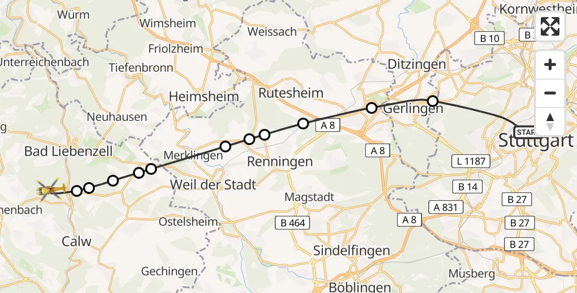 Flugroute Rettungshubschrauber Stuttgart - Calw, 01 September 2026, 09:33