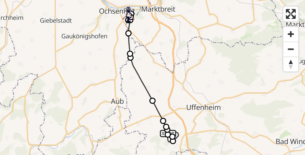 Flugroute Polizeihubschrauber Simmershofen - Ochsenfurt Hospital, 01 September 2026, 09:43