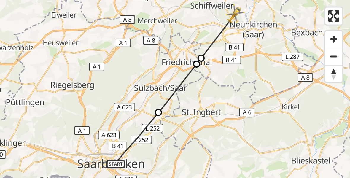 Flugroute Rettungshubschrauber Saarbrücken - Neunkirchen, 01 September 2026, 09:44