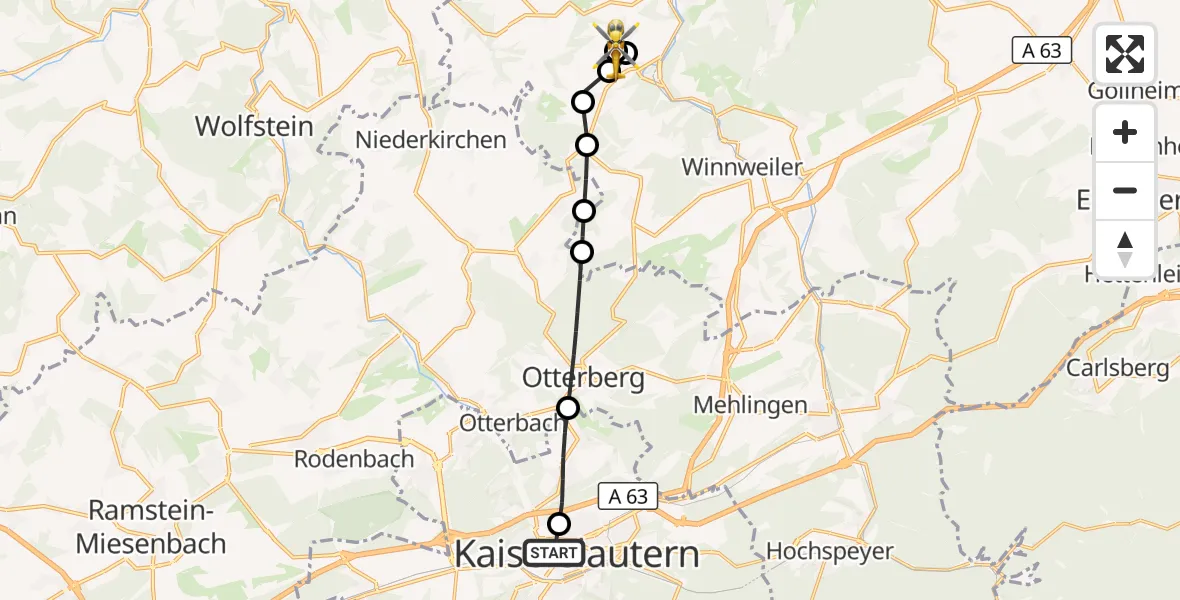 Flugroute Rettungshubschrauber Westpfalz Hospital Kaiserslautern - Rockenhausen, 01 September 2026, 09:47