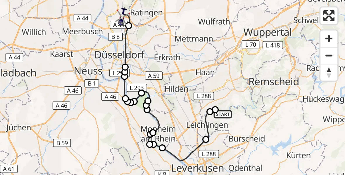 Flugroute Polizeihubschrauber Leichlingen (Rhld.) - Düsseldorf Flughafen, 01 September 2026, 09:47