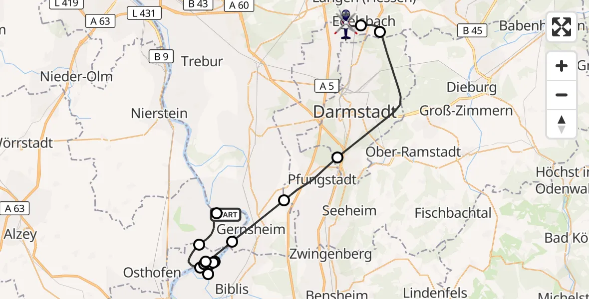 Flugroute Polizeihubschrauber Biebesheim am Rhein - Flughafen Frankfurt-Egelsbach, 01 September 2026, 09:49