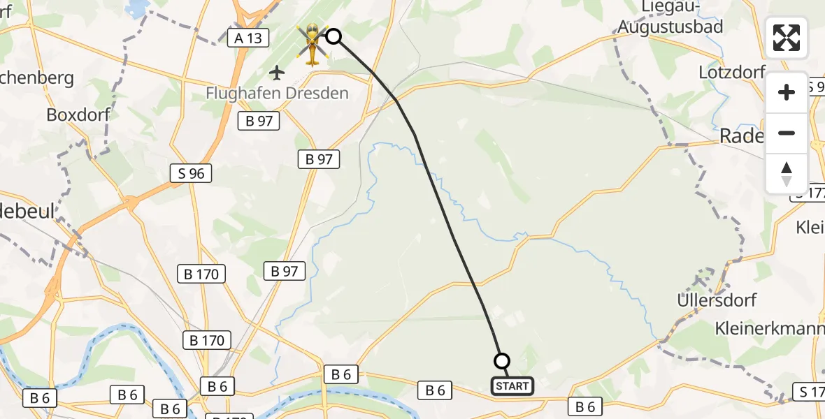 Flugroute Rettungshubschrauber Weißer Hirsch Hospital - Dresden Bundespolizei Hubschrauberlandeplatz, 01 September 2026, 10:03