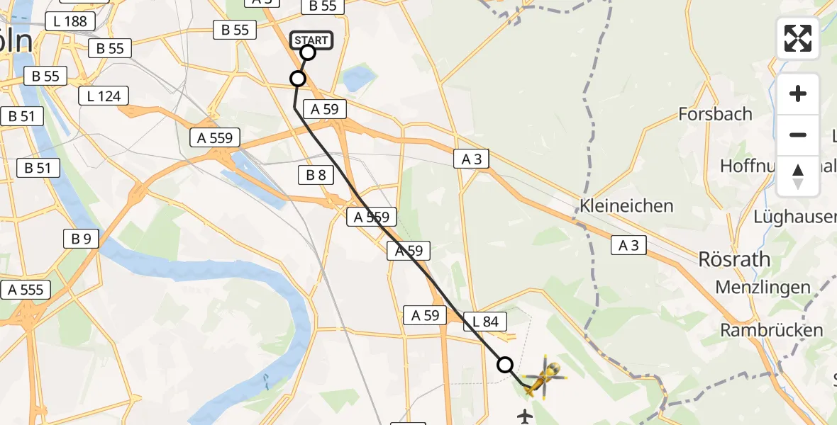 Flugroute Rettungshubschrauber Merheim Hospital - Köln Bonn Flughafen, 01 September 2026, 10:02
