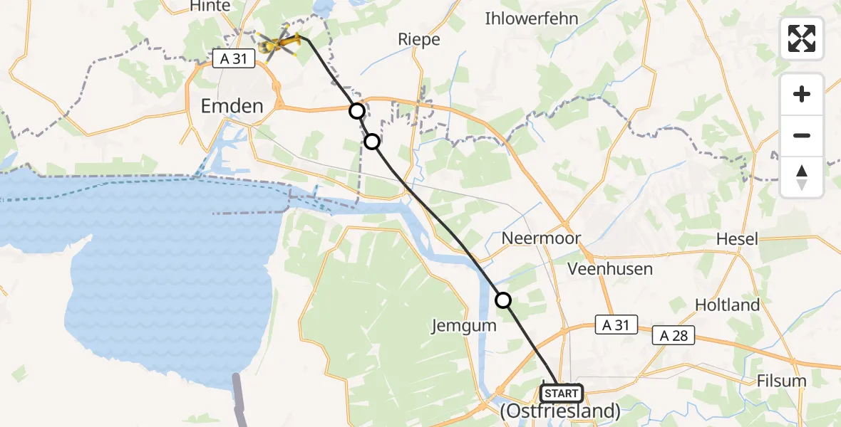 Flugroute Ambulanzhubschrauber Leer (Ostfriesland) - Emden, 01 September 2026, 10:10