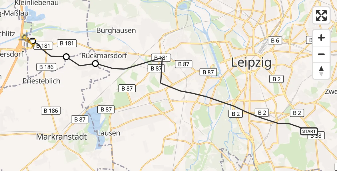 Flugroute Rettungshubschrauber Leipzig - ADAC Air Rescue Station Leipzig/Schkeuditz-Dölzig Hubschrauberlandeplatz (Christoph 61), 01 September 2026, 10:11