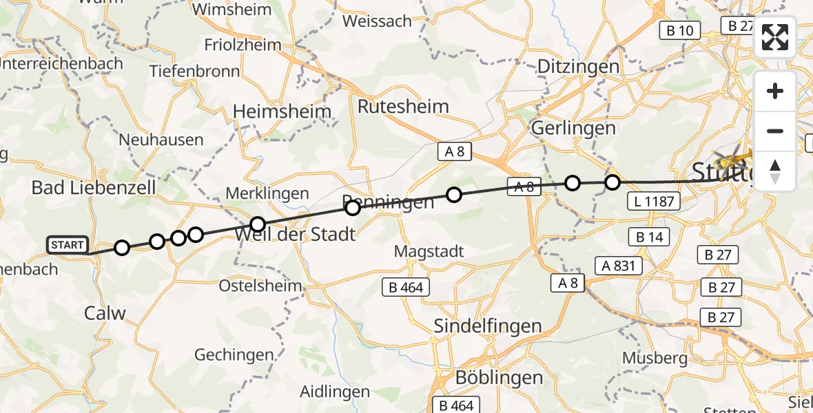 Flugroute Rettungshubschrauber Calw - Stuttgart, 01 September 2026, 10:12