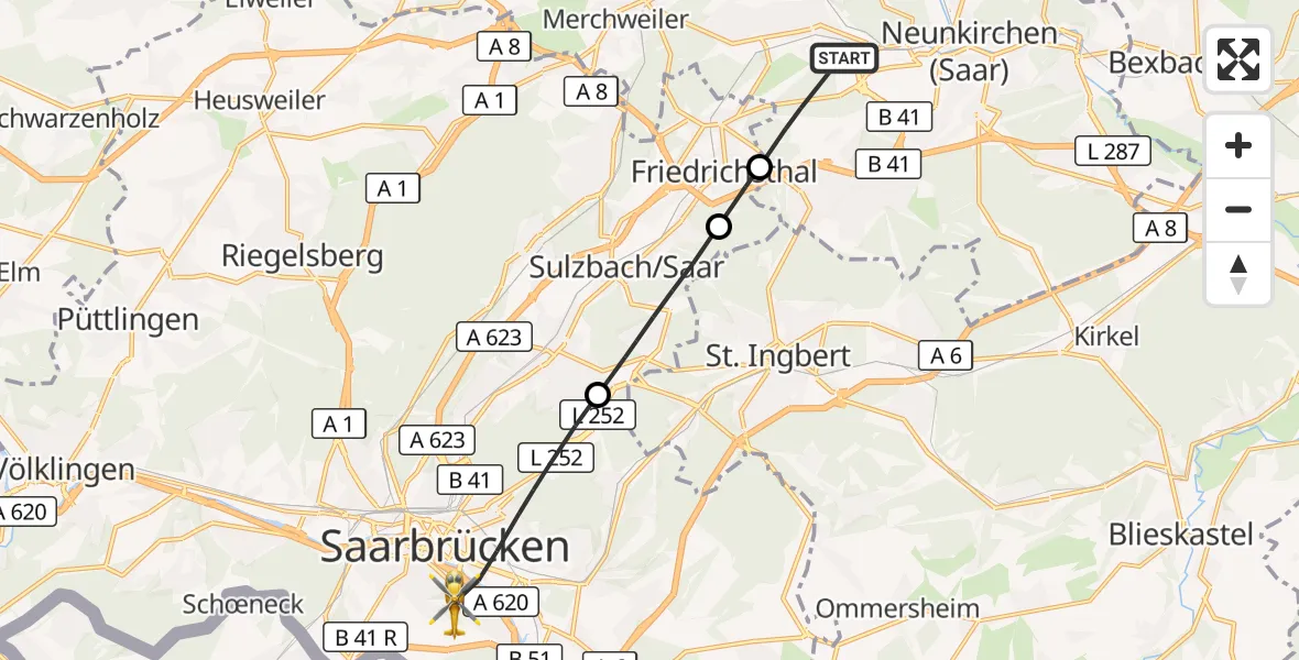 Flugroute Rettungshubschrauber Neunkirchen - Saarbrücken, 01 September 2026, 10:16