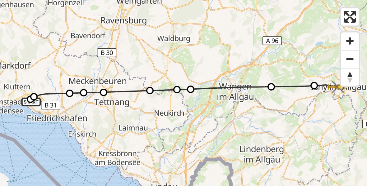 Flugroute Rettungshubschrauber Friedrichshafen Hospital - Isny im Allgäu, 01 September 2026, 10:18
