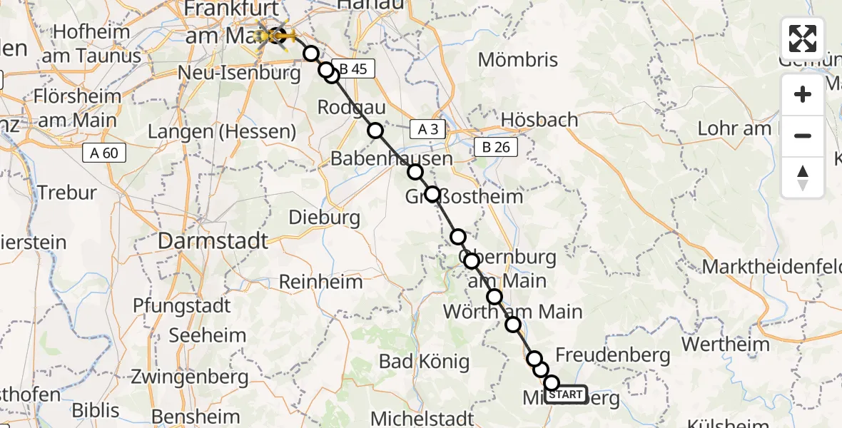 Flugroute Rettungshubschrauber Miltenberg - Sana Hospital Offenbach, 01 September 2026, 10:21