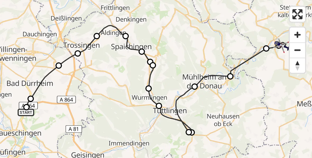 Flugroute Polizeihubschrauber Donaueschingen-Villingen Flugplatz - Leibertingen, 01 September 2026, 10:22