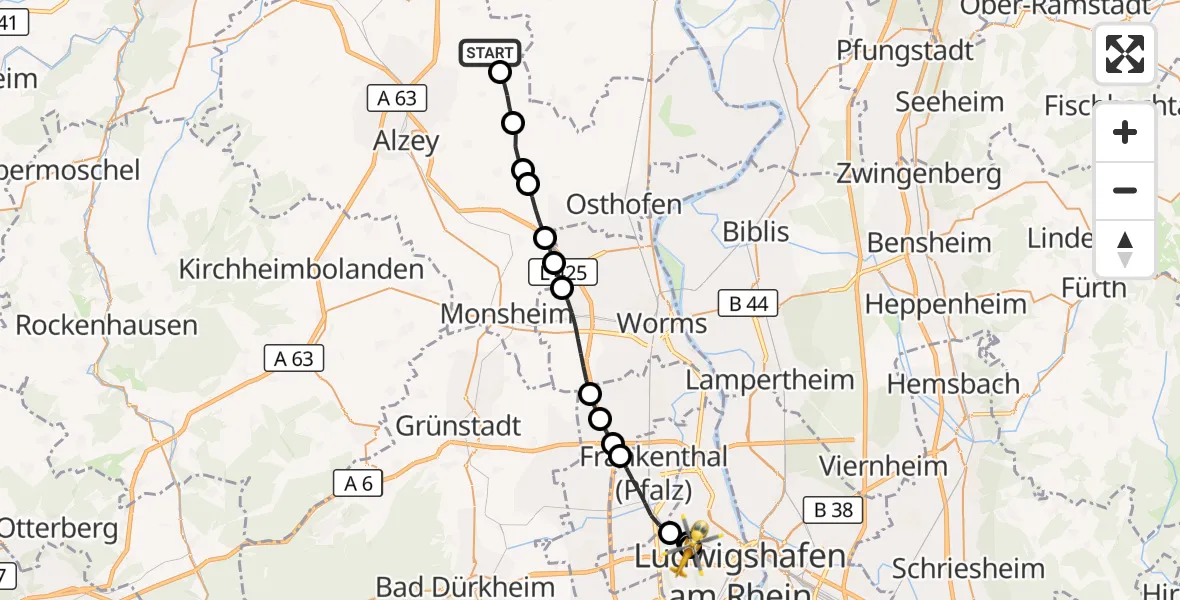 Flugroute Rettungshubschrauber Bechtolsheim - Ludwigshafen Accident Hospital, 01 September 2026, 10:23