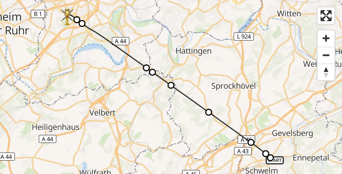 Flugroute Rettungshubschrauber Helios Clinic Schwelm - Essen, 01 September 2026, 10:26