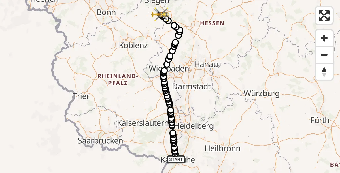 Flugroute Rettungshubschrauber Karlsruhe - Siegerland Flughafen, 01 September 2026, 10:28