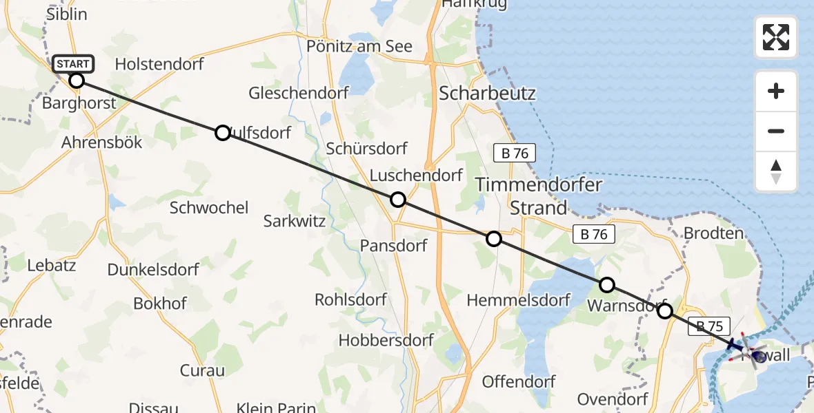 Flugroute Polizeihubschrauber Christoph 12 Luftrettungszentrum - Lübeck, 01 September 2026, 10:28