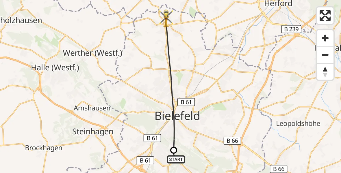 Flugroute Rettungshubschrauber Luftrettungszentrum Bielefeld - Bielefeld, 01 September 2026, 10:36
