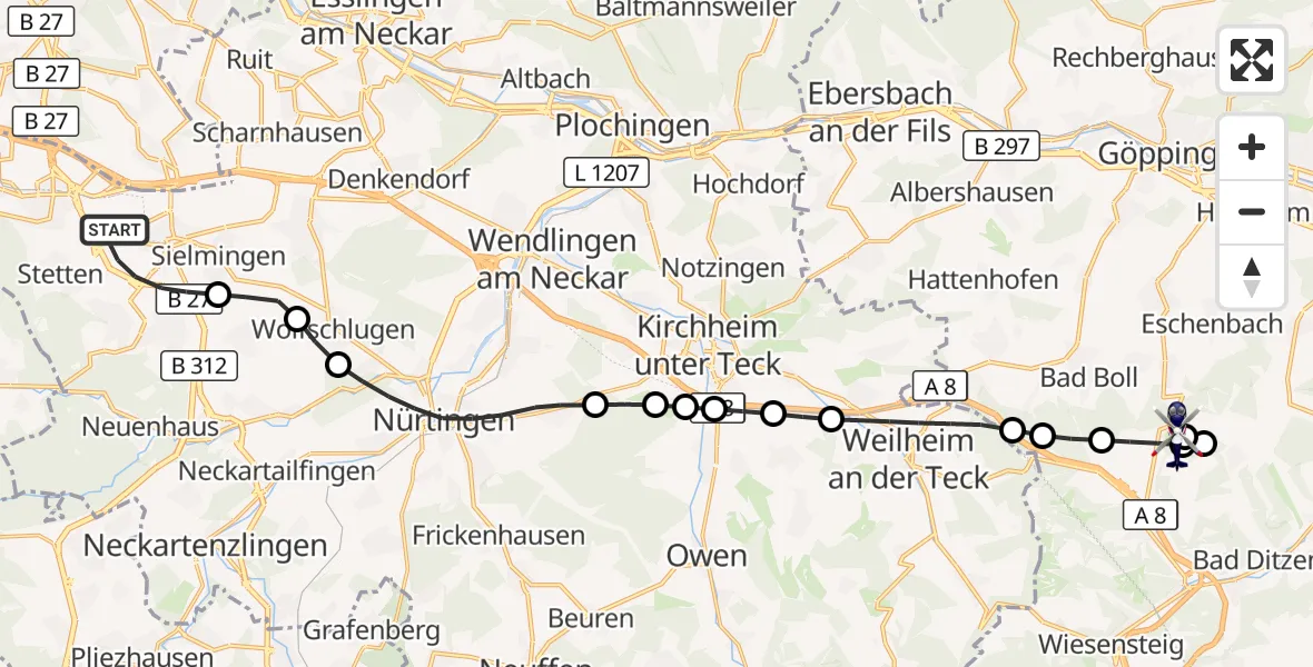 Flugroute Polizeihubschrauber Flughafen Stuttgart - Gruibingen-Nortel Flugplatz, 01 September 2026, 10:40