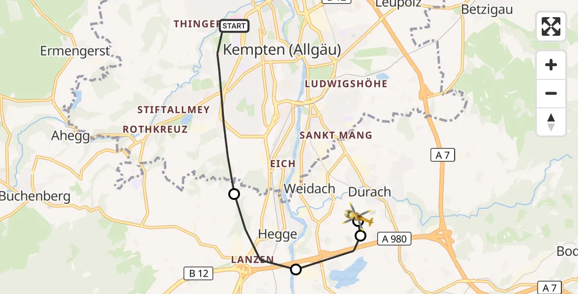 Flugroute Rettungshubschrauber Kempten (Allgäu) - Kempten-Durach Flugplatz, 01 September 2026, 10:53