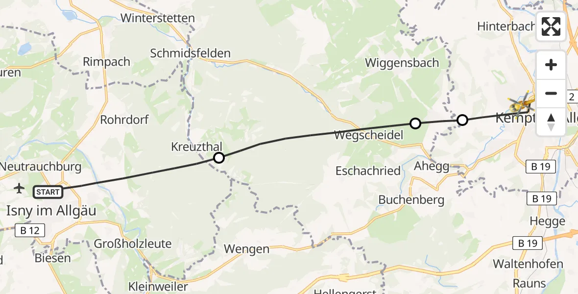 Flugroute Rettungshubschrauber Isny im Allgäu - Kempten (Allgäu), 01 September 2026, 10:53