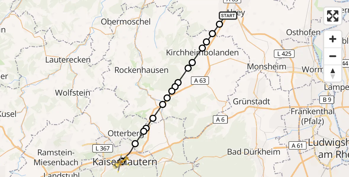 Flugroute Rettungshubschrauber Alzey - Westpfalz Hospital Kaiserslautern, 01 September 2026, 10:56