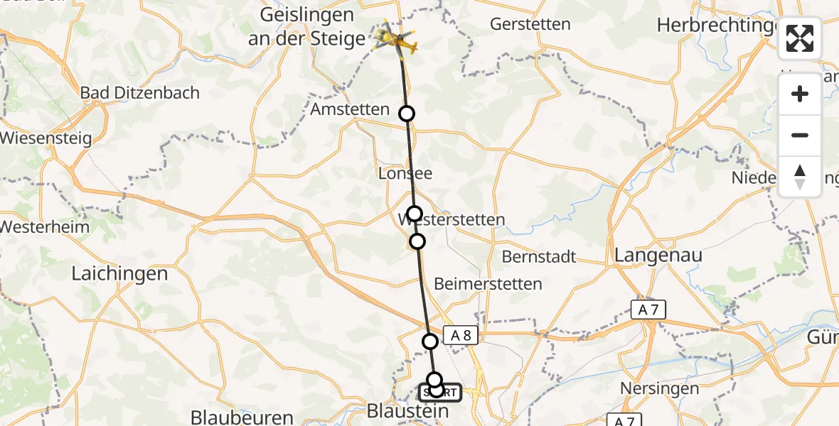 Flugroute Rettungshubschrauber Ulm Military Hospital Emergency - Amstetten, 01 September 2026, 11:03
