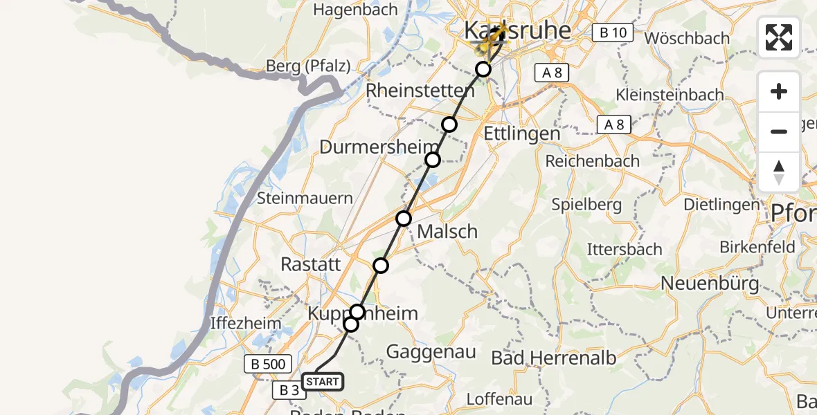 Flugroute Ambulanzhubschrauber Baden-Baden - Sankt Vincentius Hospital, 01 September 2026, 11:03
