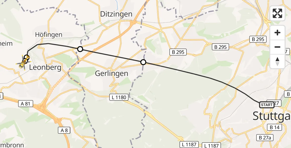 Flugroute Rettungshubschrauber Stuttgart - Leonberg Hospital, 01 September 2026, 11:04