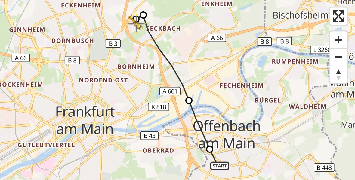Flugroute Rettungshubschrauber Sana Hospital Offenbach - Frankfurt am Main Accident Hospital Roof Helipad (CHX2), 01 September 2026, 11:13