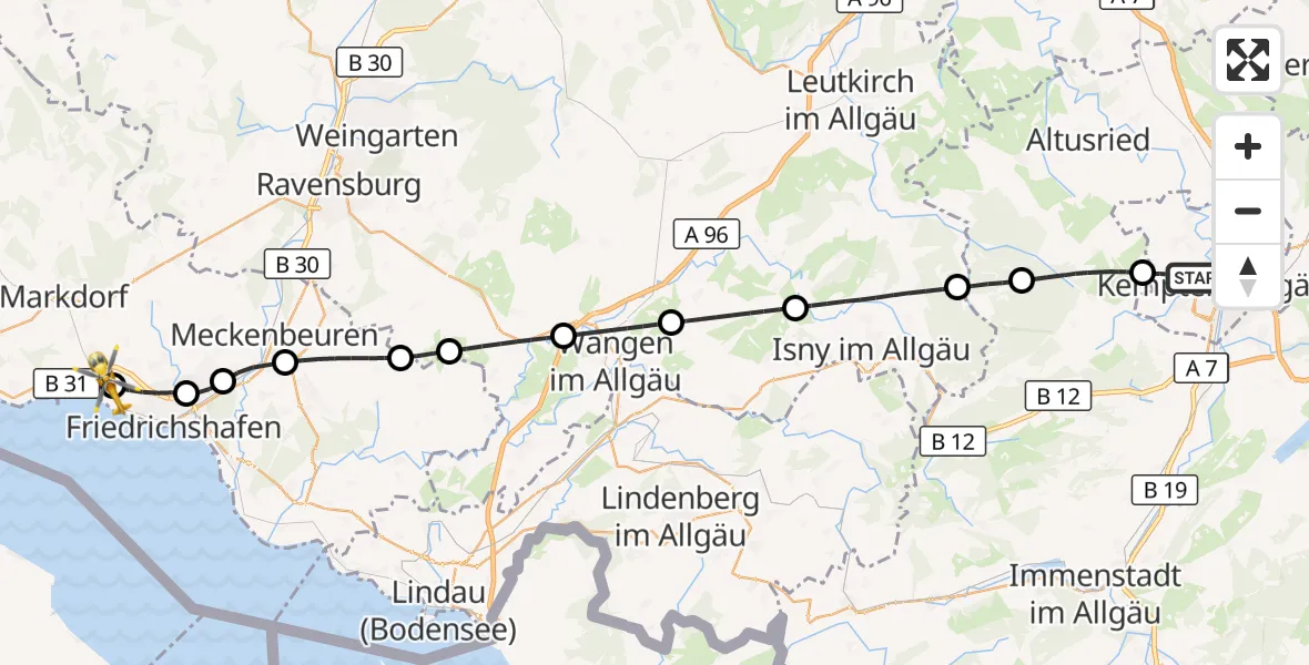 Flugroute Rettungshubschrauber Kempten (Allgäu) - Friedrichshafen Hospital, 01 September 2026, 11:25