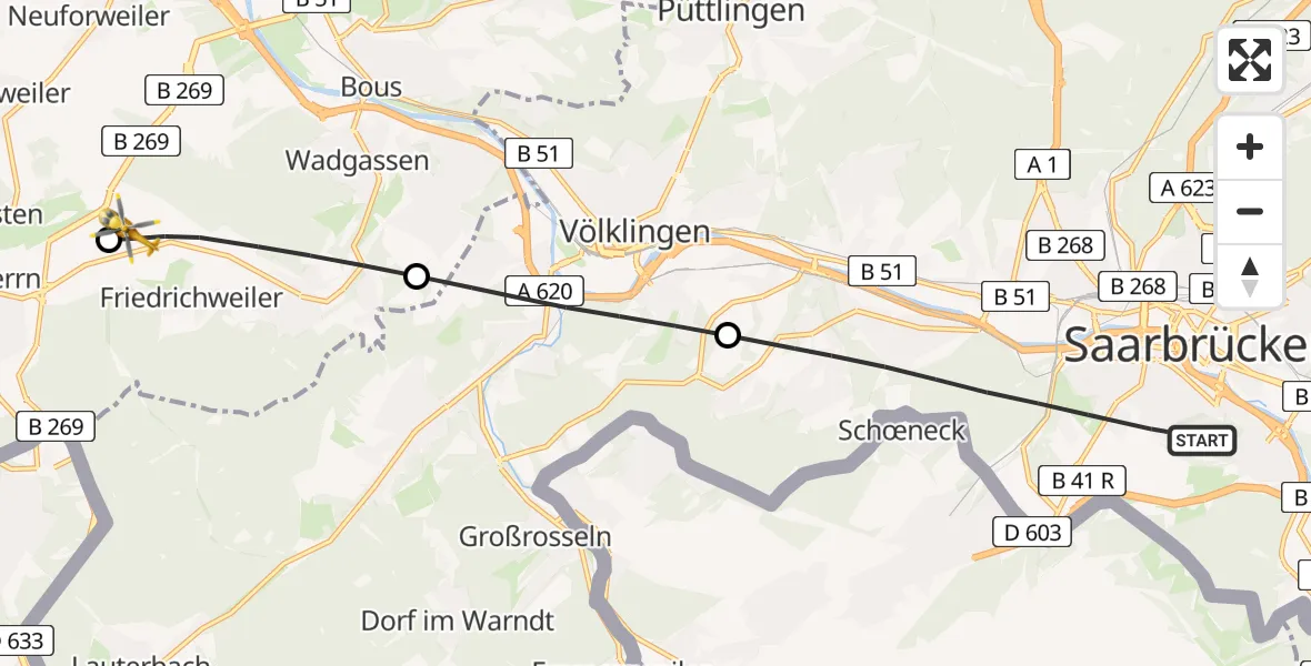 Flugroute Rettungshubschrauber Saarbrücken - Überherrn, 01 September 2026, 11:41