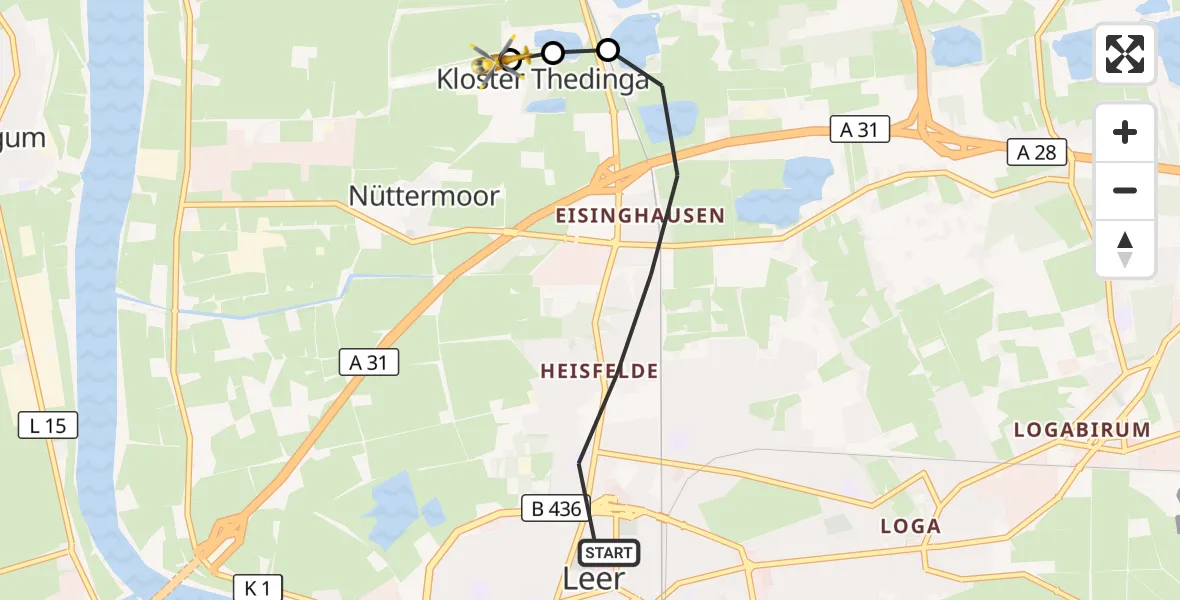 Flugroute Ambulanzhubschrauber Leer (Ostfriesland) - Flugplatz Leer-Papenburg, 01 September 2026, 11:44