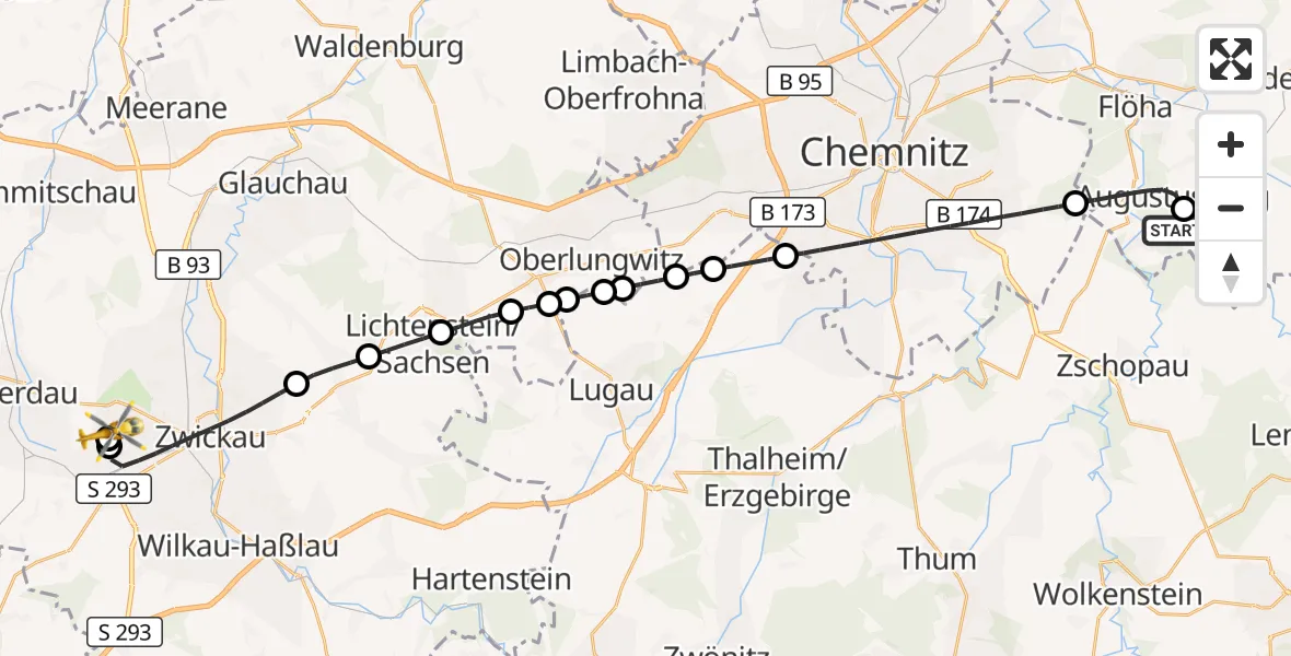 Flugroute Rettungshubschrauber Leubsdorf - ADAC Air Rescue Station Zwickau Hubschrauberlandeplatz, 01 September 2026, 11:44