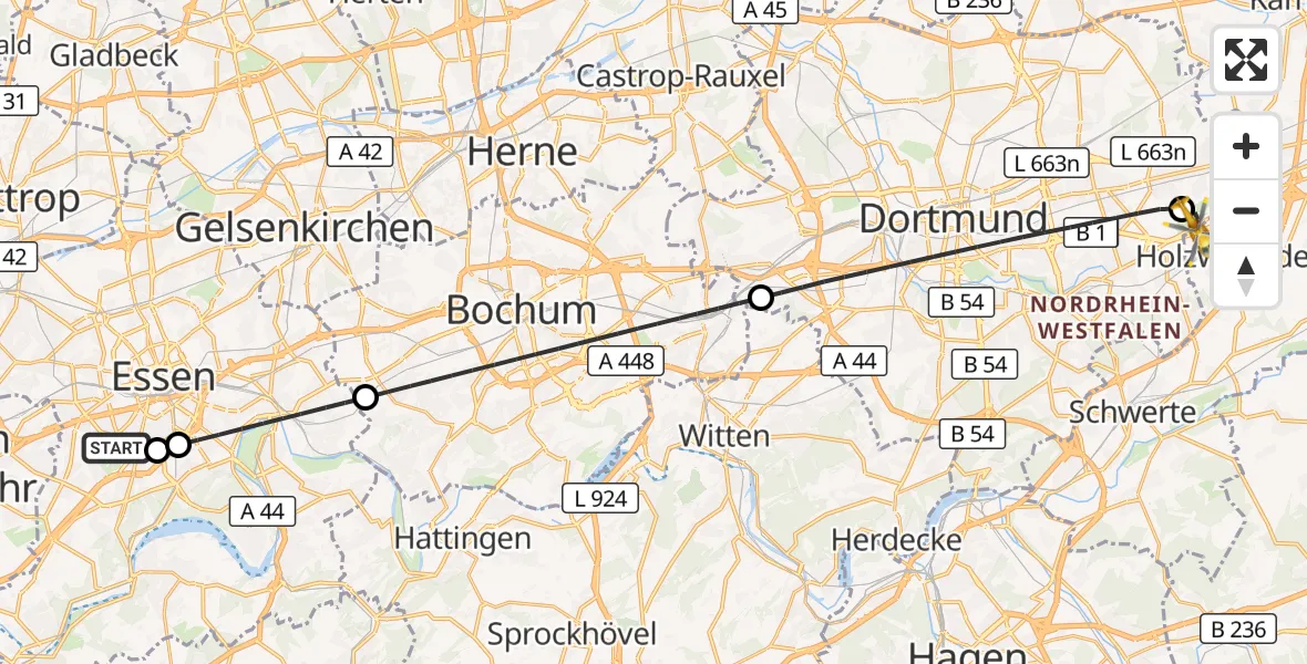 Flugroute Rettungshubschrauber Essen - Dortmund Flughafen, 01 September 2026, 11:50