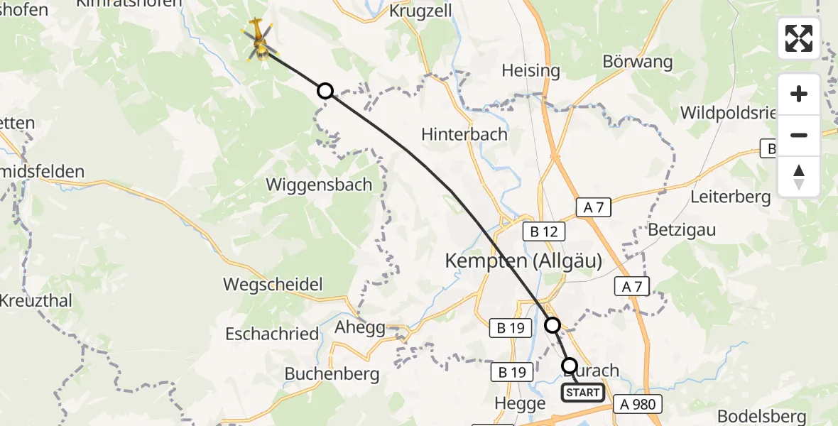 Flugroute Rettungshubschrauber Kempten-Durach Flugplatz - Altusried, 01 September 2026, 11:50