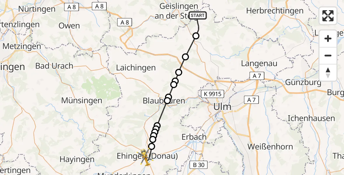 Flugroute Rettungshubschrauber Amstetten - Ehingen (Donau), 01 September 2026, 11:56