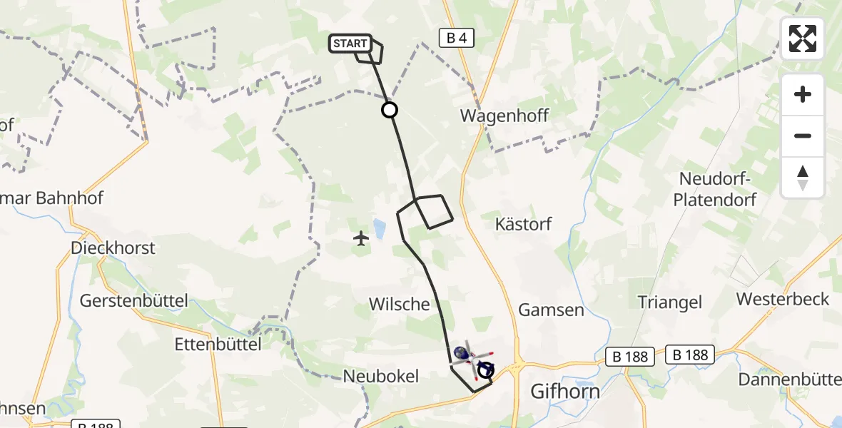 Flugroute Polizeihubschrauber Ummern - Gifhorn Bundespolizei Hubschrauberlandeplatz, 01 September 2026, 12:08